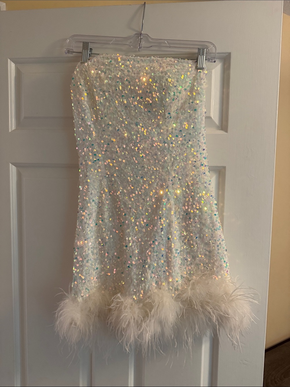Sparkly White Mini Dress with Feathers - Picture 2 of 4